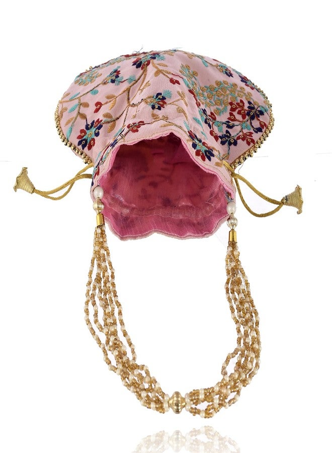 STLYZ Traditional Embroidered Potli Bag For Women, Handmade Pure Silk Potli Handbag Wristlets Ethnic Bridal Potli Batwa Bag For Ladies Wedding Return Gifts (Baby Pink) - Image 4